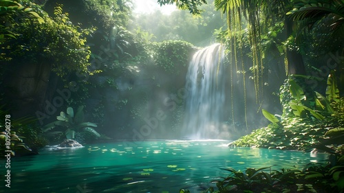  A majestic waterfall plunging into a hidden emerald pool, surrounded by lush tropical foliage. . 
 photo