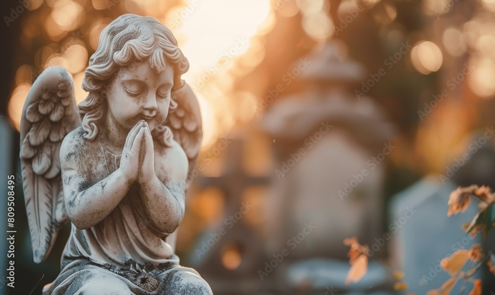 close-up of an angel statue praying on a graveyard