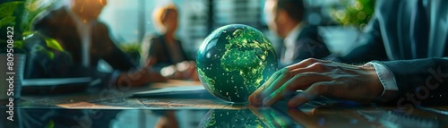 A green globe centers a scene where business people finalize a partnership, underscoring their shared sustainability goals.AI Generate photo