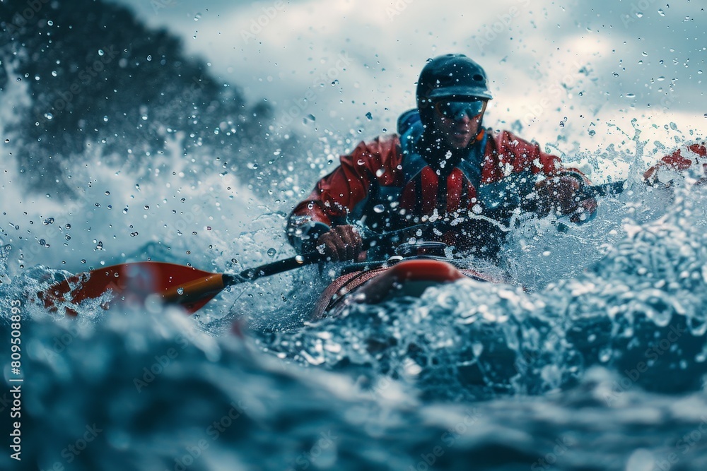 Naklejka premium Intense close-up of a kayaker in action, vigorously paddling through the frothy rapids, water splashing all around in a dynamic display of skill and adrenaline.