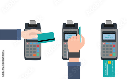 Purchasing and buying concept, payment  with debit card in device, paying with credit card, online shopping, credit card swipe high quality vector, illustration design 