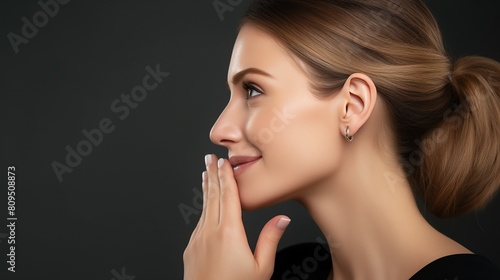 Jewelry concept. Portrait of beautiful young female model wearing silver earrings. Close-up of woman with clean skin posing, in studio background.