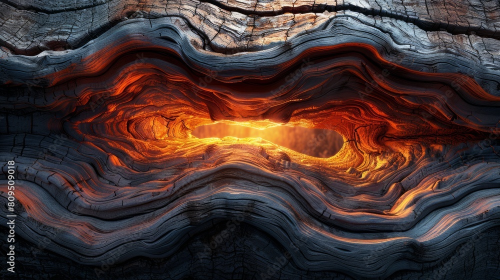 Richly textured wood patterns with a glowing, fiery core Richly textured wood patterns with a glowing, fiery core