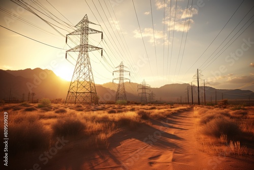 Dramatic silhouette of high voltage electrical tower in the vast desert wilderness