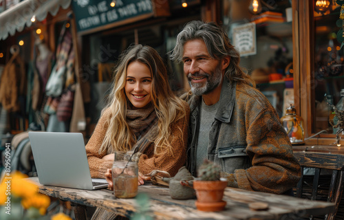 Photo of an attractive couple in their thirties  sitting at the table outside cafe with macbook laptop and coffee on it  they look happy smiling. Created with Ai