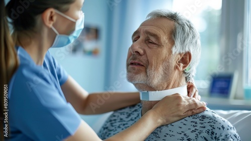 A young nurse is helping an elderly patient in a hospital bed. The nurse is smiling and the patient looks grateful.