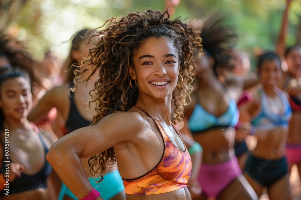 A radiant fitness instructor with curly hair smiles brightly while leading a vibrant outdoor dance class, inspiring a group of enthusiastic participants. A radiant fitness instructor with curly hair smiles brightly while leading a vibrant outdoor dance class, inspiring a group of enthusiastic participants.