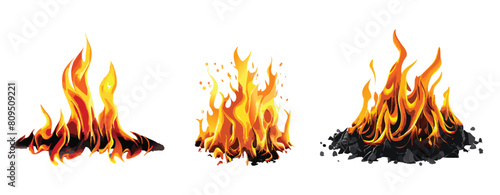 Set of three wood fire graphics isolated on white background