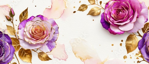 rose petals on white background with copy space for text. Golden alcohol ink watercolor floral bloom banner for Mother’s Day or mauve wedding stationery
