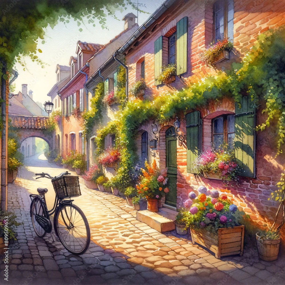 Rendition Stock _ Watercolor Illustration #0000081A _ Charming Flower-Lined Street in Village, Watercolor Illustration