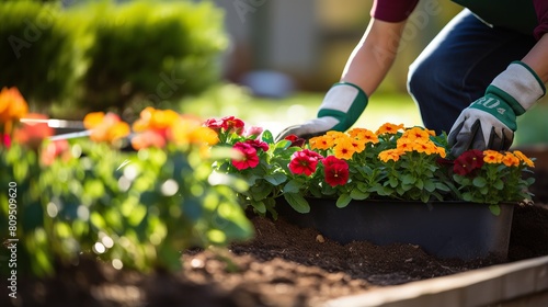 Woman putting beautiful flowers into the ground in the garden, arranging the garden, planting flowers in the garden,