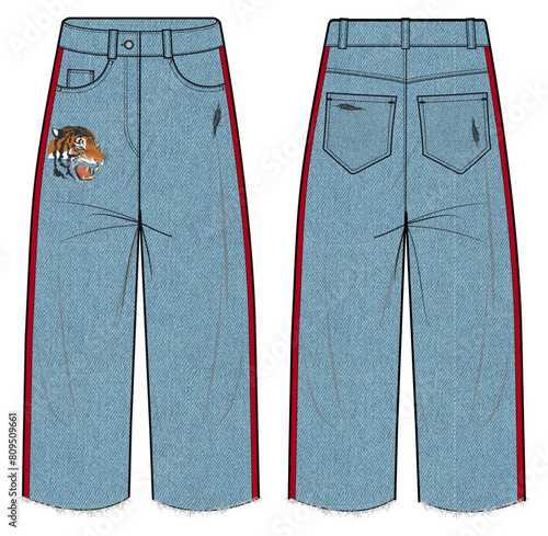 Women’s  Jeans, pants, Denim Jacket, Front and Back View Vector Fashion Illustration , CAD, Technical Drawing, Flat Drawing, Mockup, Template.
