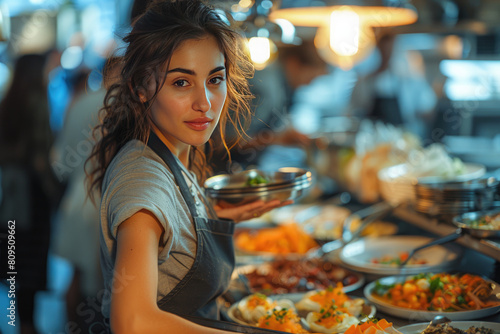 A beautiful young woman in an apron stands at the kitchen counter of her restaurant  serving dishes with various ingredients to guests who sit around the table. Created with AI