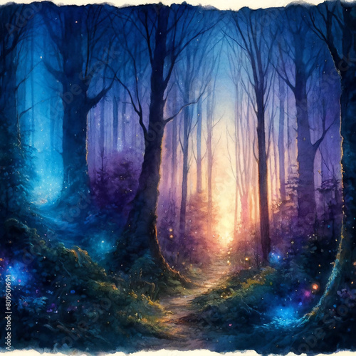 Rendition Stock _ Watercolor Illustration  0000083A _ Mystical Forest Path at Sunset  Watercolor Fantasy Landscape