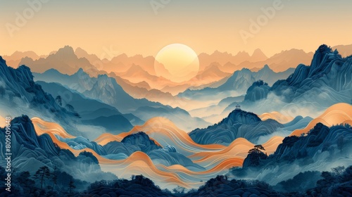 A modernized abstract landscape background featuring a Japanese wave pattern. photo