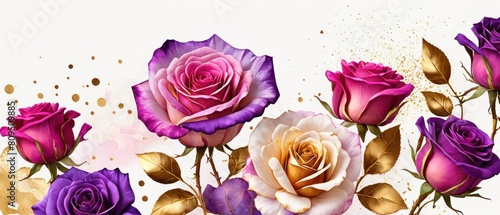 rose petals on white background with copy space for text. Golden alcohol ink watercolor floral bloom banner for Mother’s Day or mauve wedding stationery