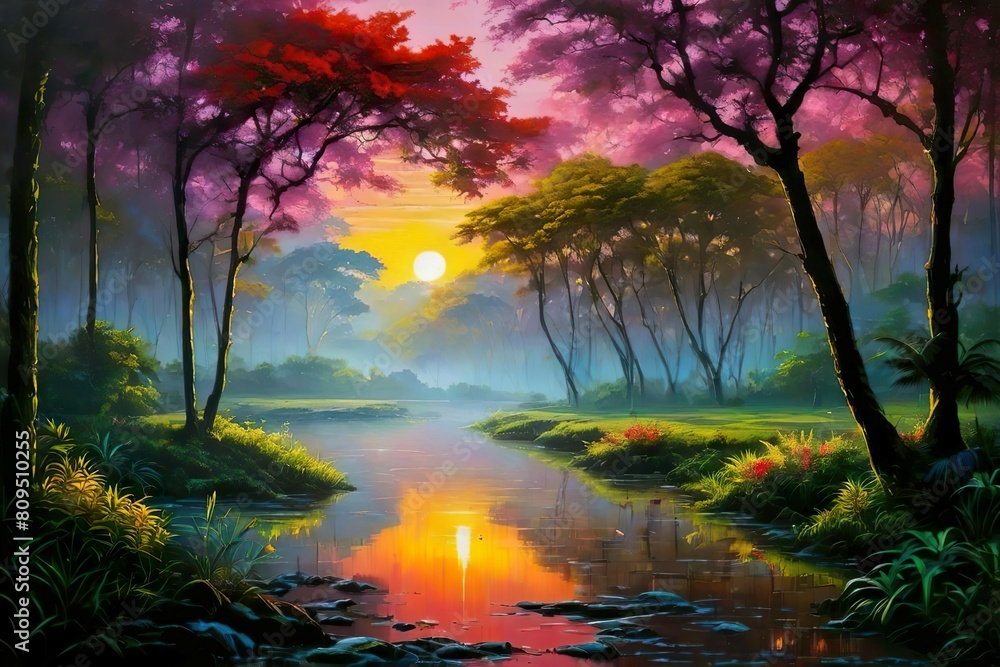 Obraz premium Beautiful and Peaceful Nature Scenery Illustration, Landscape, Countryside, Tranquil, Vibrant and Colorful