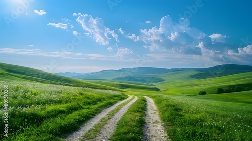 Beautiful green grass landscape with path and blue sky, summer nature background. Panoramic view of meadow in spring or autumn season. Green hills on horizon, blue clear cloudless sunny sky. 