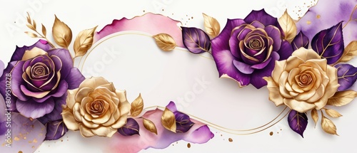 rose petals on white background with copy space for text. Golden alcohol ink watercolor floral bloom banner for Mother’s Day or mauve wedding stationery