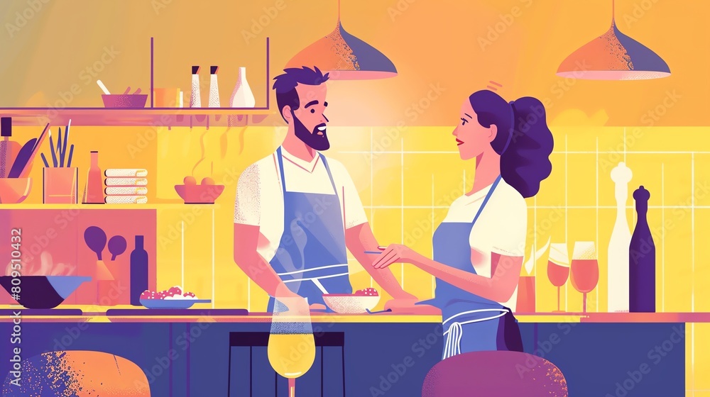 2D Flat illustration Activity Concept of a Couples Cooking Class 2D Flat illustration Activity Concept of a Couples Cooking Class