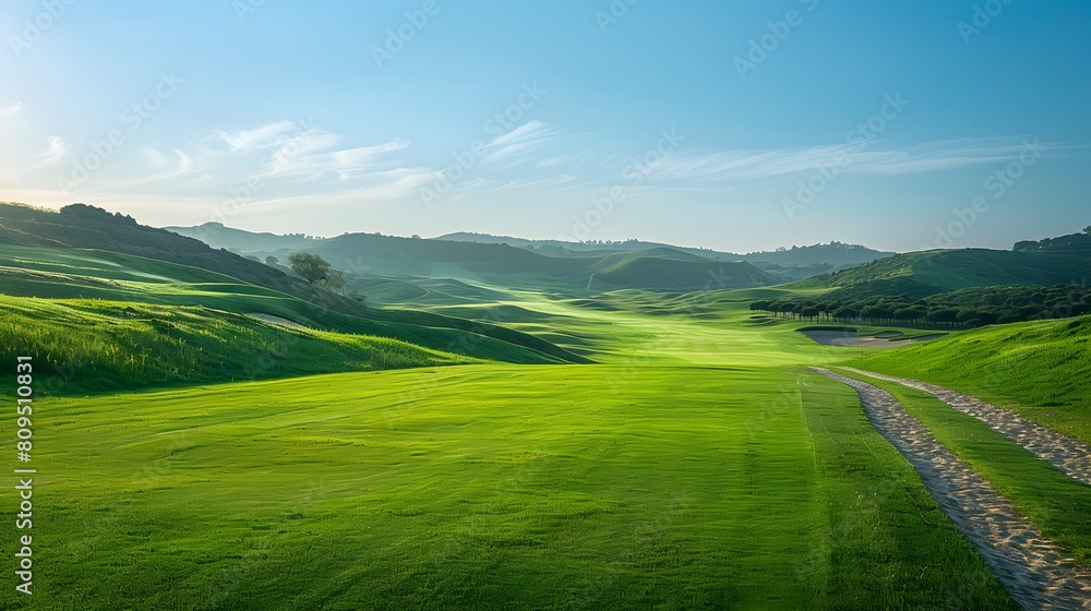 Beautiful green grass landscape with path and blue sky, summer nature background. Panoramic view of meadow in spring or autumn season. Green hills on horizon, blue clear cloudless sunny sky. 