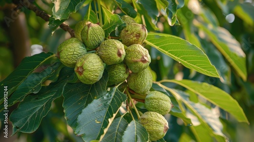 Tree bearing immature walnut fruits Juglans regia photo