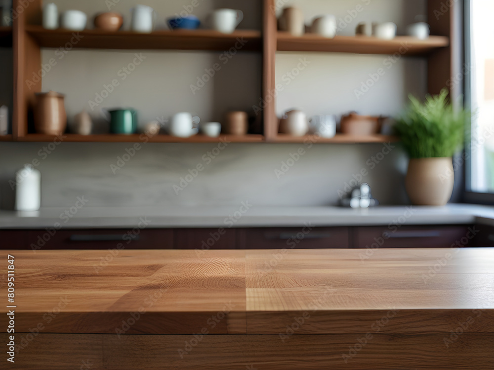 wooden display for products with a blur bokeh kitchen background wooden display for products with a blur bokeh kitchen background