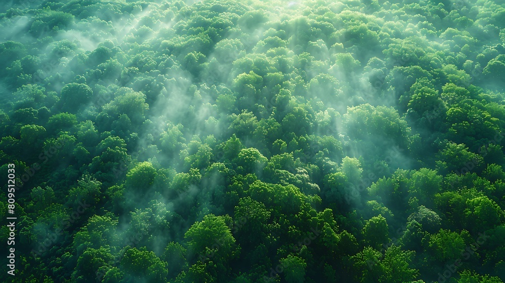 A minimalist aerial view of a morning meadow, with the ground covered in a fine mist that accentuates the vibrant greens and aquas of the spring grass.