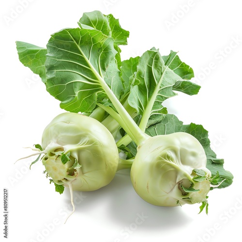 Two freshly harvested kohlrabi bulbs with green leaves attached on a white background. photo