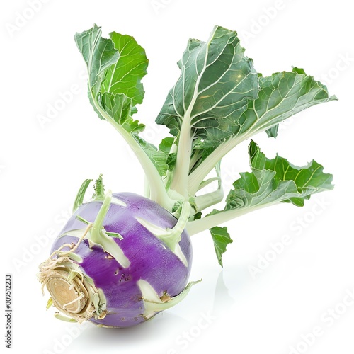 A close up image of a kohlrabi, a purple vegetable that looks like a cross between a turnip and a cabbage. photo