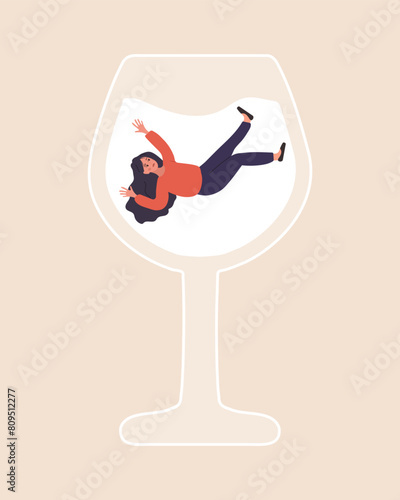 Female Alcoholism. Drunk Woman swimming in glass of boozy. People suffering from hard drinking. Addiction disorder. Vector illustration in flat cartoon style.