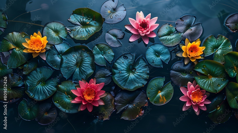 A minimalist aerial view of water lilies, focusing on the simplicity and elegance of their arrangement on the water, highlighting their vibrant colors against the calm, dark water background. A minimalist aerial view of water lilies, focusing on the simplicity and elegance of their arrangement on the water, highlighting their vibrant colors against the calm, dark water background.