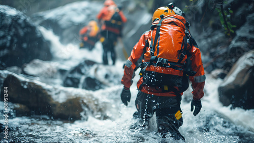 A team of rescue workers collaborating in a challenging environment, such as a wilderness or disaster zone, to locate and assist individuals in need, showcasing courage, solidarity.