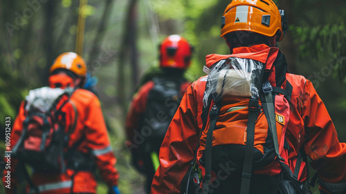  A team of rescue workers collaborating in a challenging environment, such as a wilderness or disaster zone, to locate and assist individuals in need, showcasing courage, solidarity.