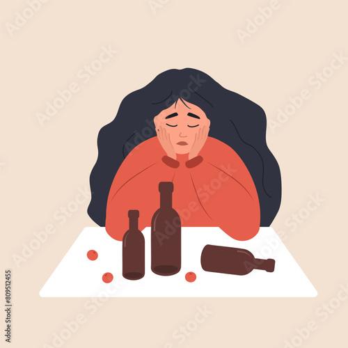 Alcohol abuse. Booze concept. Sad girl sitting at table and drinking wine. Social issue, Alcohol Addiction. Dangerous Habit. Vector illustration in flat cartoon style.