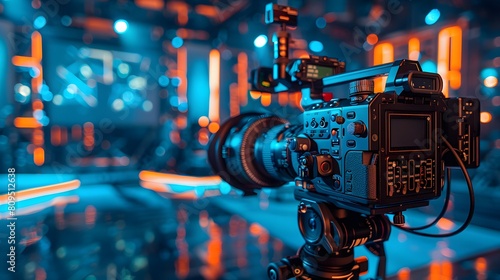 Cinematic photo of a video camera in the foreground with a television studio background, with a blue and orange color theme. A television studio backdrop.