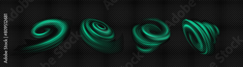 Green wind flow effect. Magic fresh mint air swirl. Flying abstract wave isolated whirlwind graphic vector set. Power vortex or aroma curve illustration. Herbal energy trail on transparent background