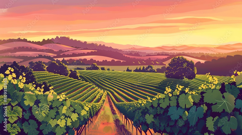 Naklejka premium 2D Flat illustation Landscape Concept of a Picturesque Vineyard at Sunset, with Copy Space for Wine Country Escapes, Photographed by a Professional Camera