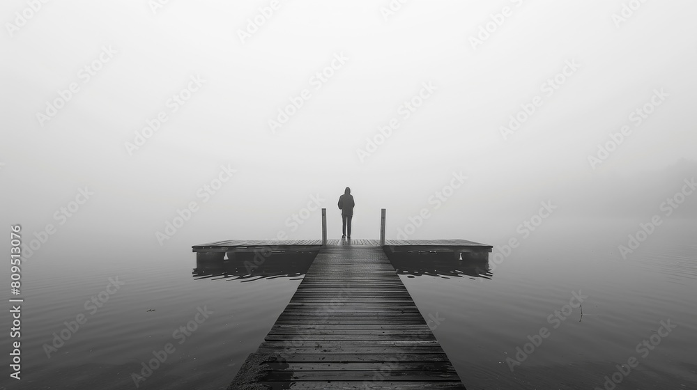 Professional on a smartphone, standing at a minimalist pier, foggy lake, cool and monochromatic ambiance