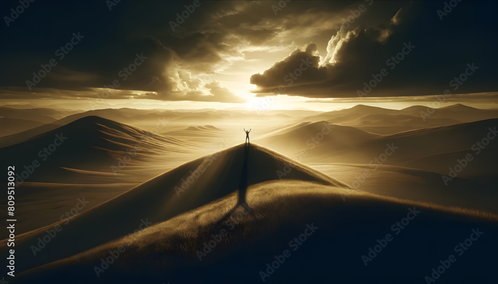 a person standing triumphantly on a hilltop in a dramatic landscape. The atmosphere and setting aim to evoke emotions of strength and achievement.