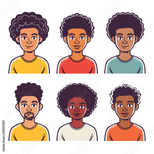 Six diverse cartoon characters, distinct expression clothing color. African ethnicity, different genders depicted, stylized hair, smiling expressions, casual tops, portraitstyle. Illustration male