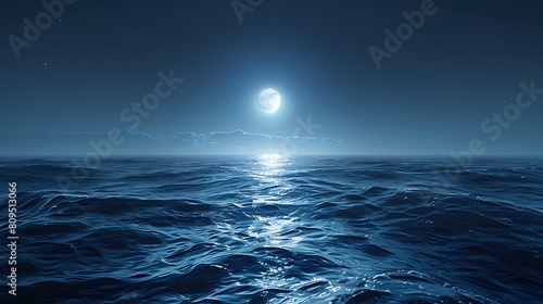 A minimalist depiction of a calm ocean at night, focusing on the simplicity and depth of the dark blue water under a clear moonlit sky, emphasizing the serene and profound solitude of the seascape.