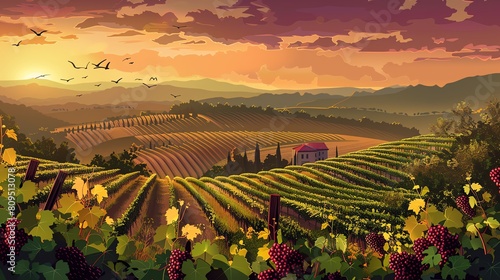 2D Flat illustation Landscape Concept of a Picturesque Vineyard at Sunset, with Copy Space for Wine Country Escapes, Photographed by a Professional Camera