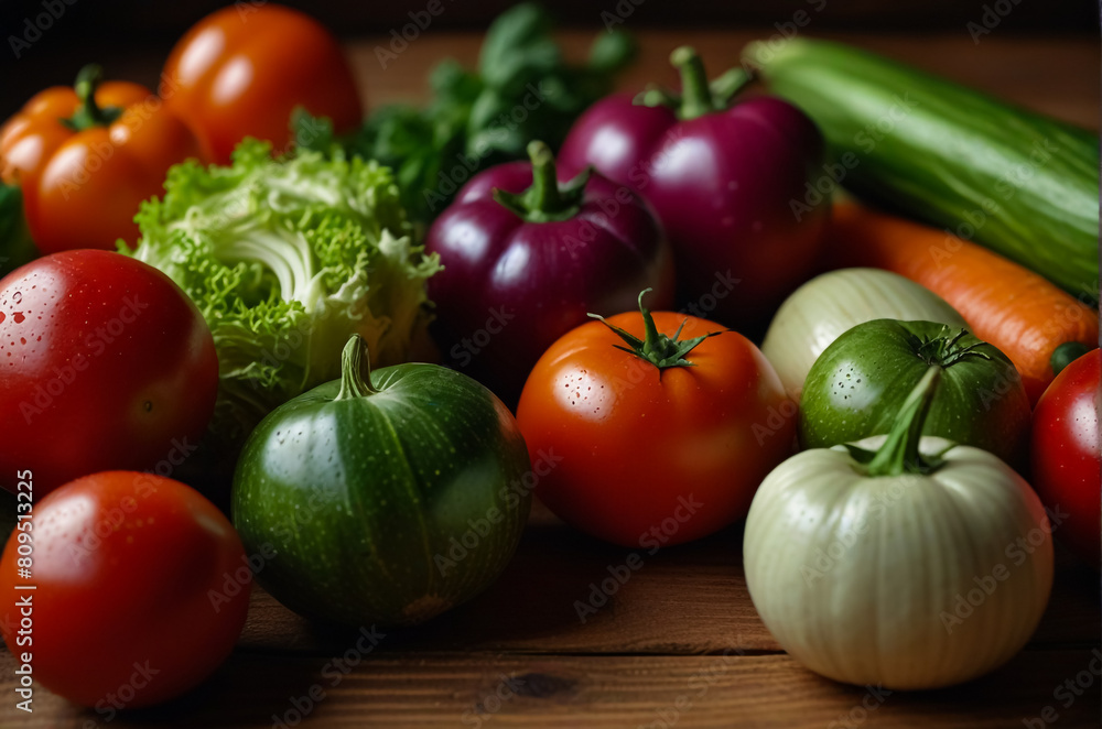 A photo of some fresh vegetables on a wooden table A photo of some fresh vegetables on a wooden table
