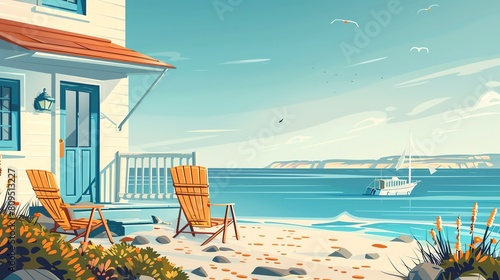 2D Flat illustration  of beach chairs and umbrellas on the beach