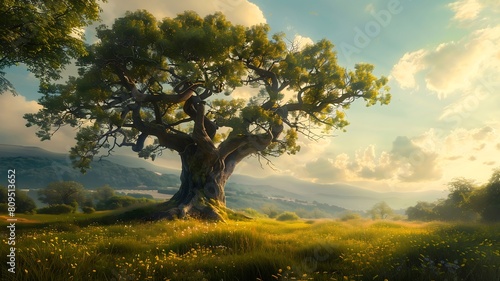  An ancient  gnarled tree standing solitary in a sun-drenched meadow  its branches reaching towards the heavens with quiet majesty. .  