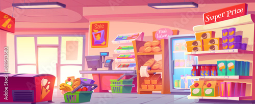 Grocery supermarket interior cartoon. Store inside with shelf, aisle and fridge design background. Super market department display gastronomy product on shelves and freezer with discount signboard