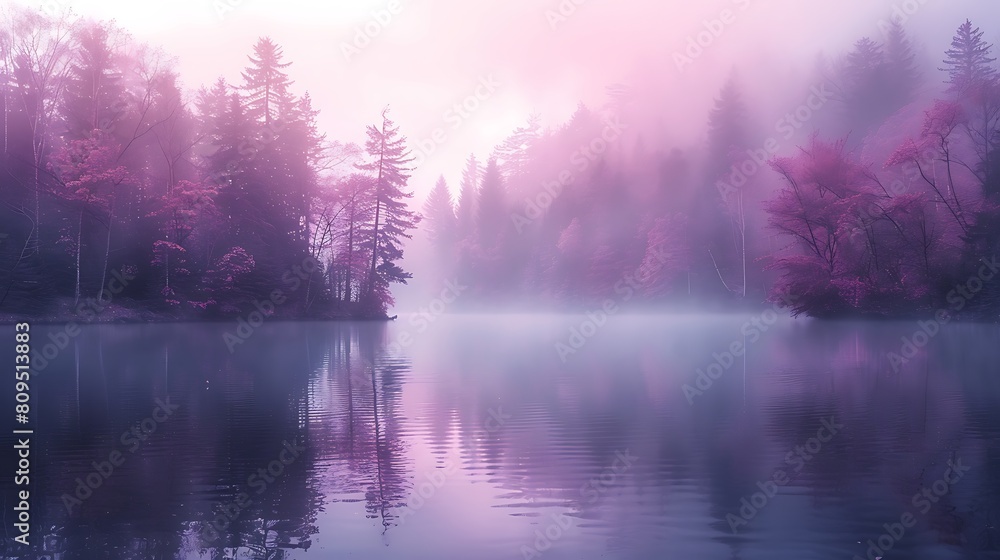 A minimalist scene of a lavender fog rolling over a tranquil lake, reflecting the soft purple hues on the water's surface. A minimalist scene of a lavender fog rolling over a tranquil lake, reflecting the soft purple hues on the water's surface.