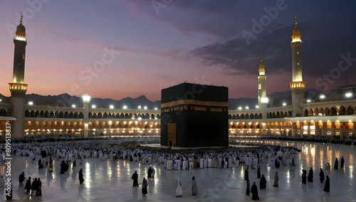 Generate a serene and majestic image of the Kaaba in Mecca, gracefully floating in the expansive sky during twilight. The sky is painted with hues of deep blues, purples, and a hint of golden-orange a © Hataf