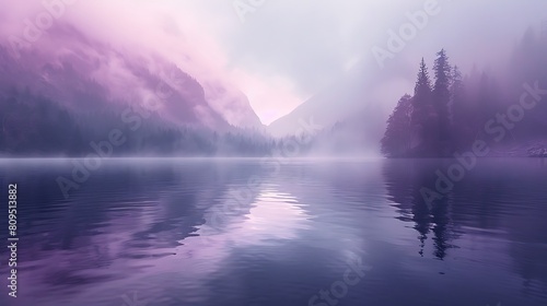 A minimalist scene of a lavender fog rolling over a tranquil lake, reflecting the soft purple hues on the water's surface.
